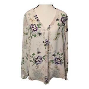 Rose & Olive Blouse Womens Size Medium White Floral Print Long Sleeve Boho